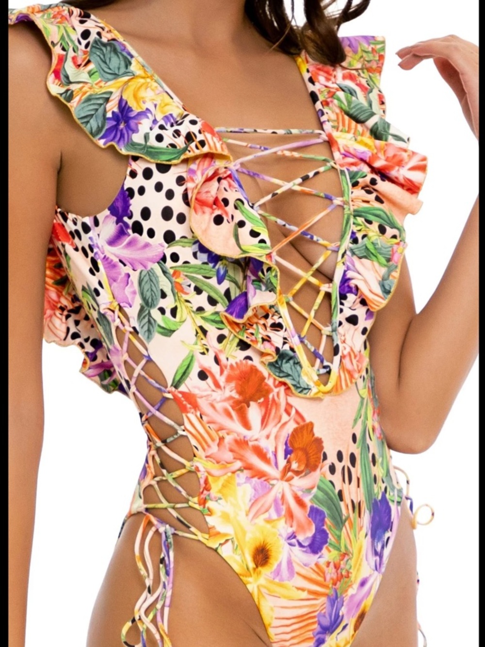 Luli Fama Floral Lace-Up One-Piece Swimsuit in Peach, Purple, Yellow, Green